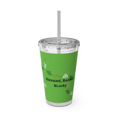 16oz Tumbler — "Blessed, Booked & Lucky" Green Clover Travel Cup